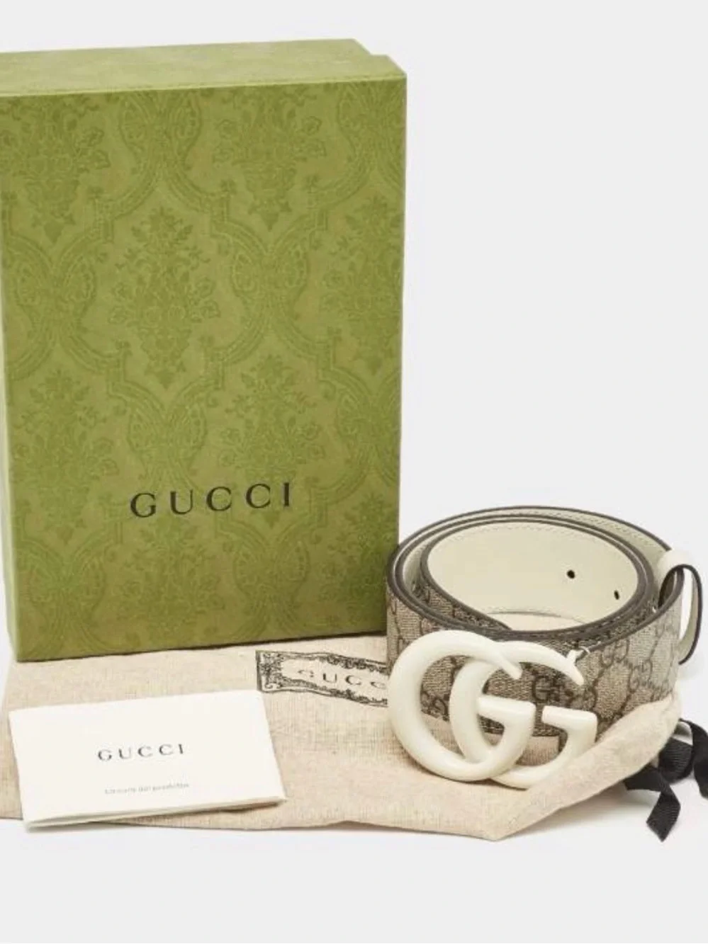 Gucci Beige GG Monogram Canvas Belt with White Double G Buckle